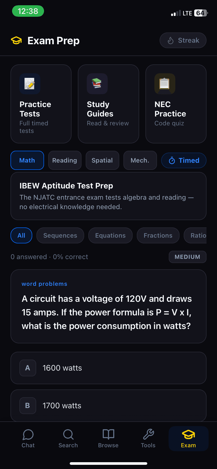 Sparky AI app — IBEW Aptitude Test Prep screen